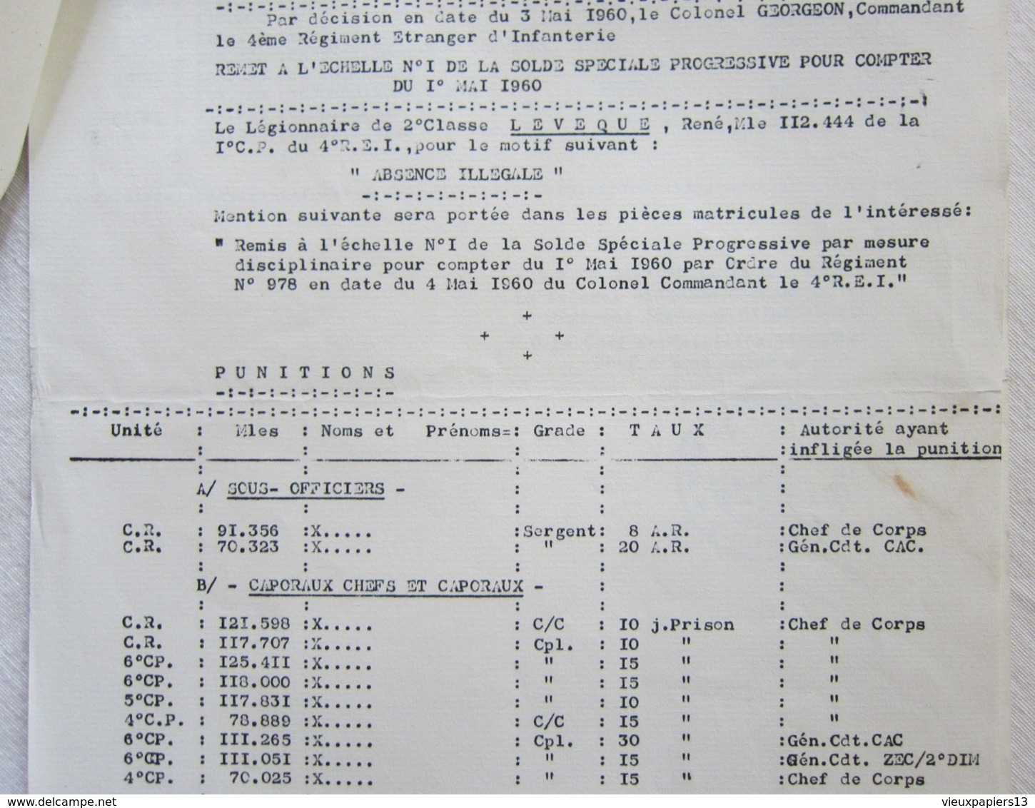 Rare Document 4e REI Décision Régimentaire #31 1960 AFN Citations Guerre D'Algérie LEGION ETRANGERE Georgeon - Documents