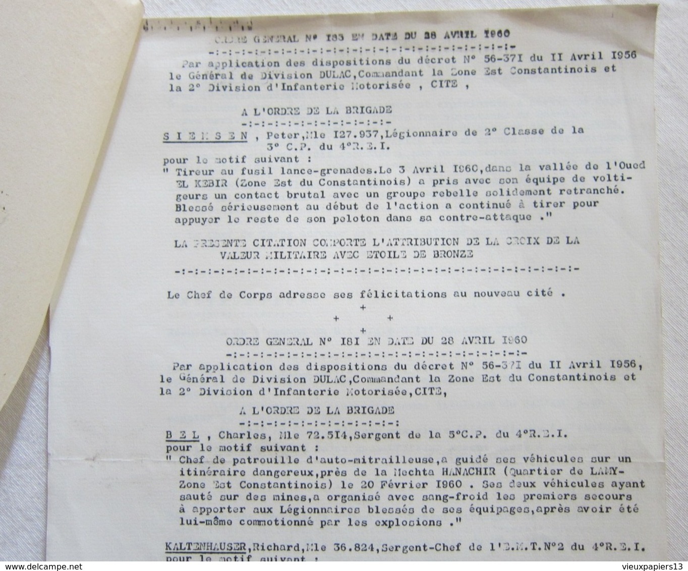 Rare Document 4e REI Décision Régimentaire #31 1960 AFN Citations Guerre D'Algérie LEGION ETRANGERE Georgeon - Documents