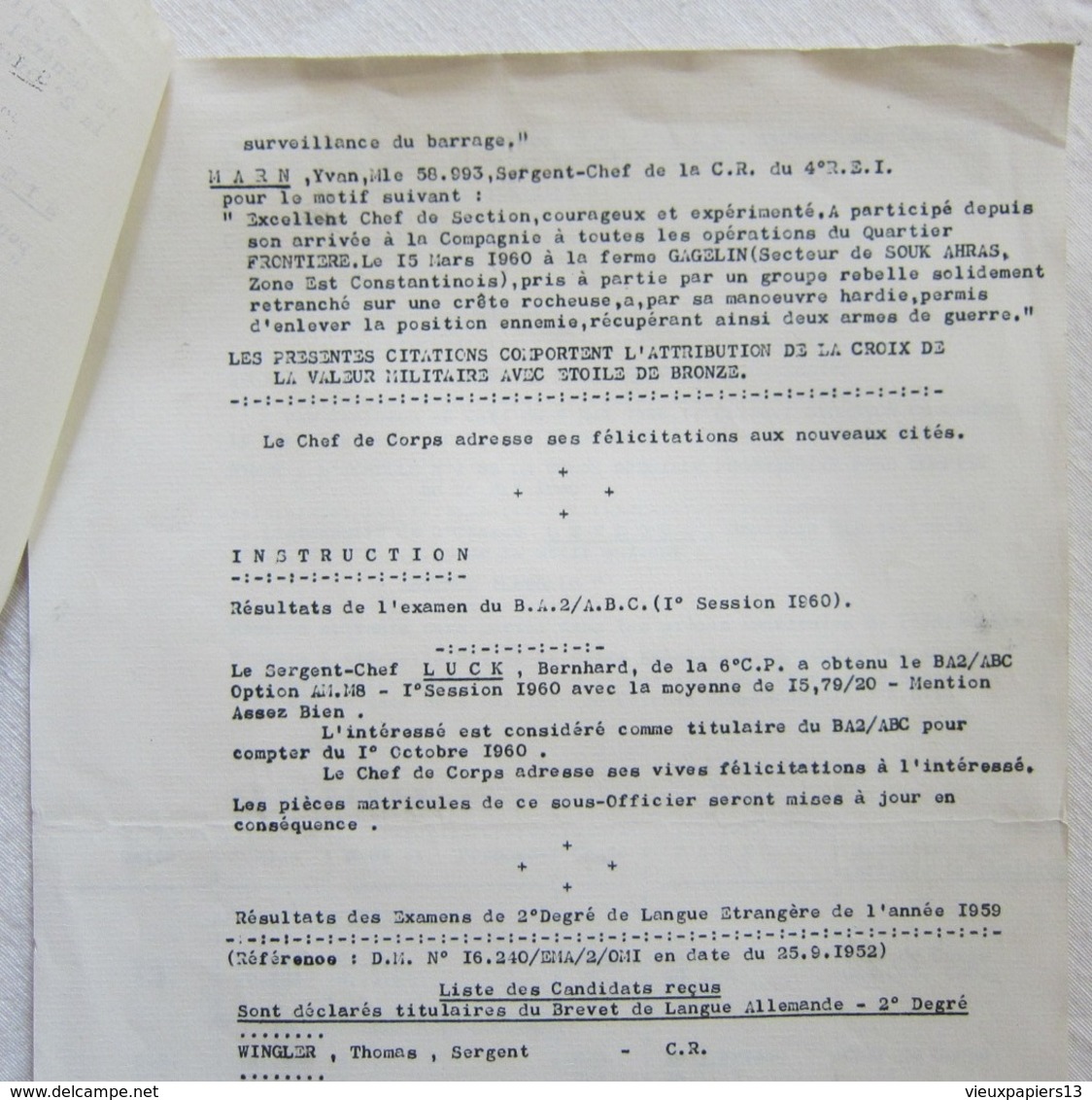 Rare Document 4e REI Décision Régimentaire #31 1960 AFN Citations Guerre D'Algérie LEGION ETRANGERE Georgeon - Documents