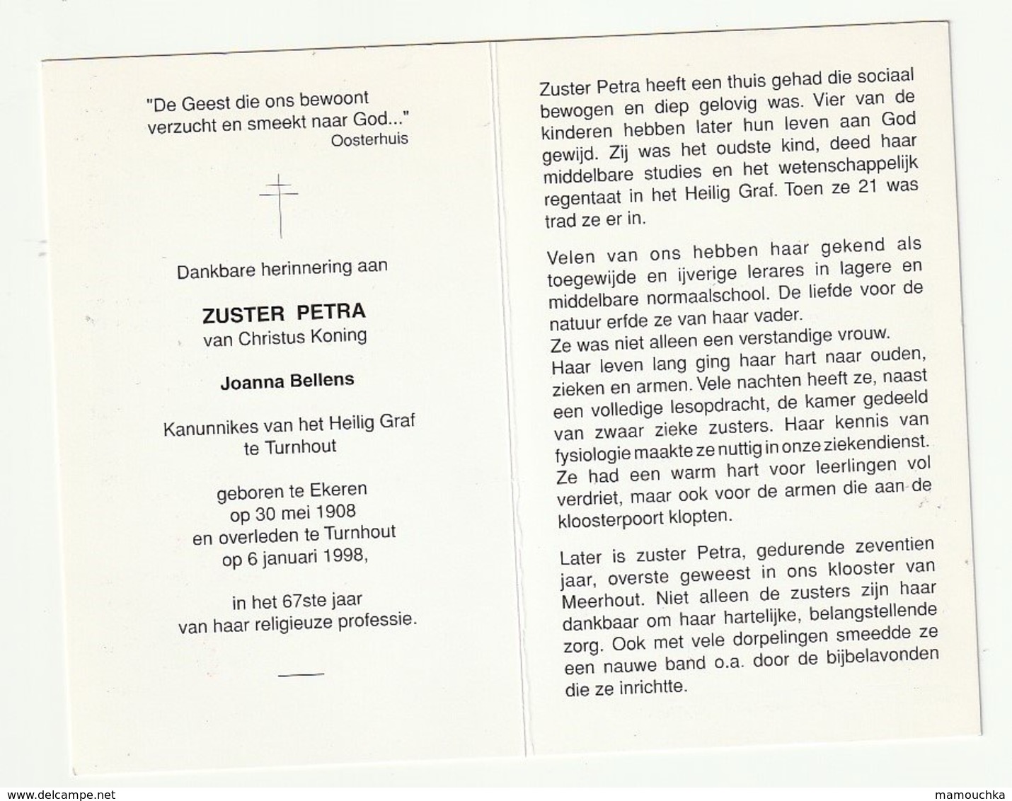 Doodsprentje Zuster Petra Joanna Bellens Kanunnikes Heilig Graf Turnhout Ekeren 1908 Turnhout 1998 - Images Religieuses