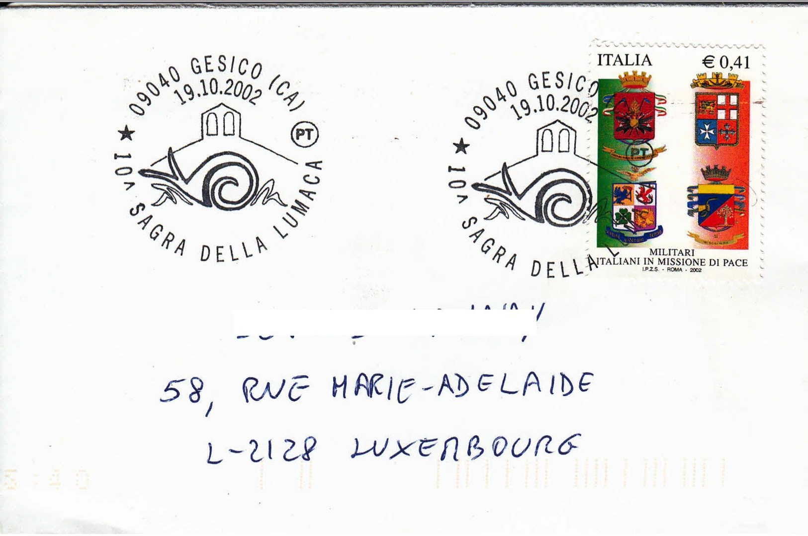 ITALIE - 2002 - Lettre Pour Le Luxembourg - Festival De L'escargot - 2001-10: Marcophilia