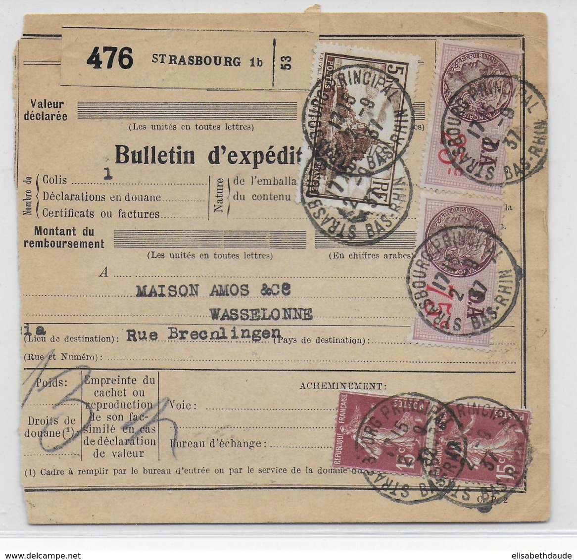 1937 - COLIS POSTAUX D'ALSACE - BULLETIN Avec FISCAL 1F + AFR. De STRASBOURG => WASSELONNE - Briefe U. Dokumente