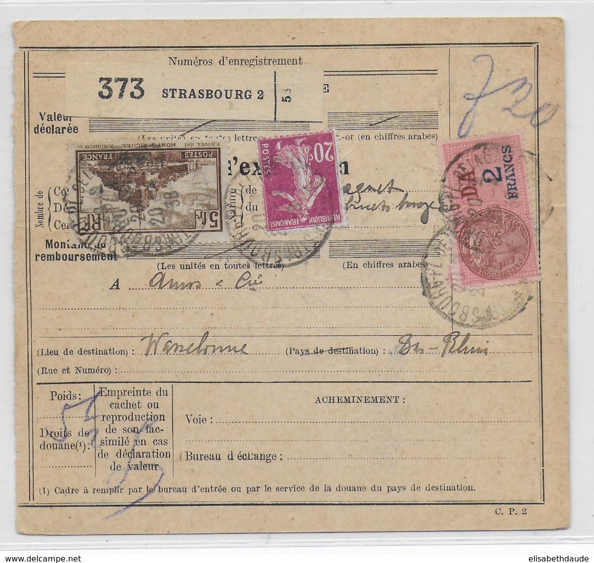 1938 - COLIS POSTAUX D'ALSACE - BULLETIN Avec FISCAL 2F + AFR.  De STRASBOURG => WASSELONNE - Lettres & Documents