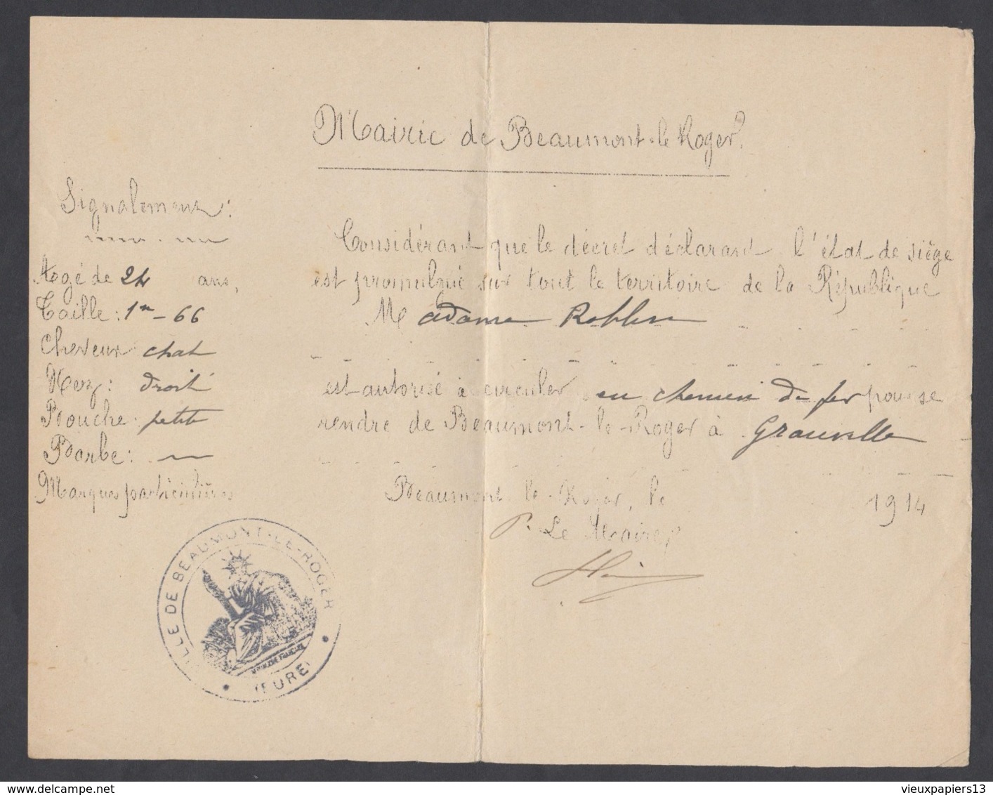 WW1 Laissez Passer Beaumont-le-Roger Eure 1914  Etat De Siège - Autorisation De Circuler En Chemin De Fer Pour Granville - Documents