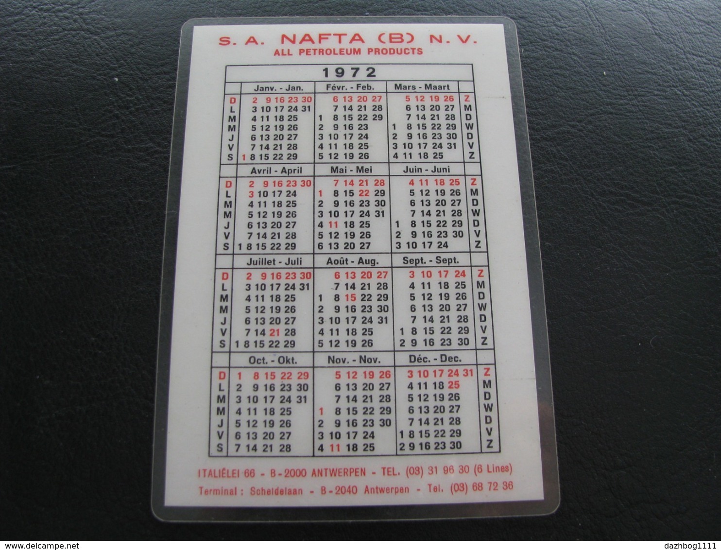 Belgium Pocket Calendar Oil Company NAFTA 1972 Plastic Rare - Small : 1971-80