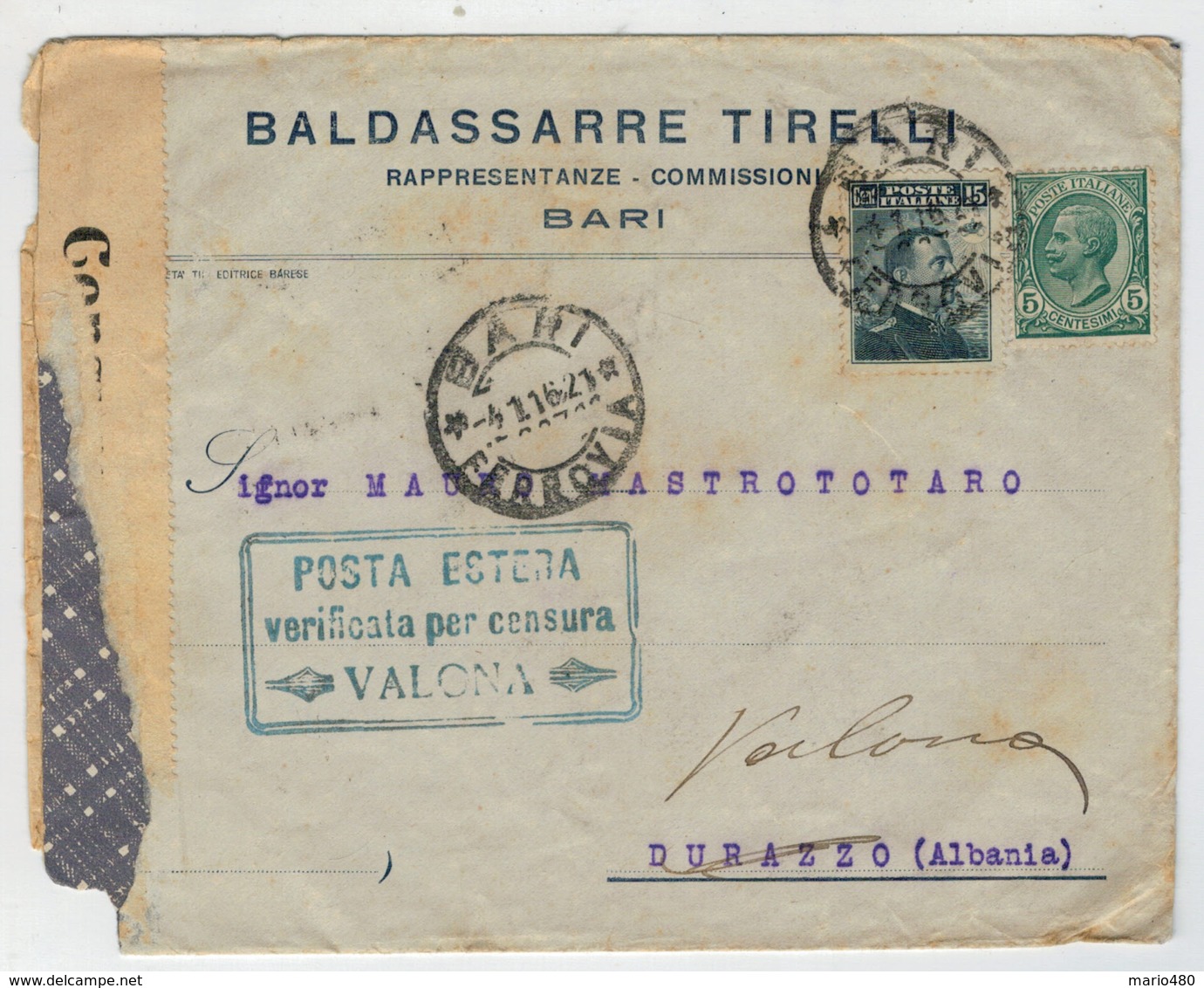 STORIA  POSTALE    LETTERA  PER  DURAZZO (ALBANIA)  VERIFICATA  PER CENSURA     (VIAGGIATA) - Marcophilie