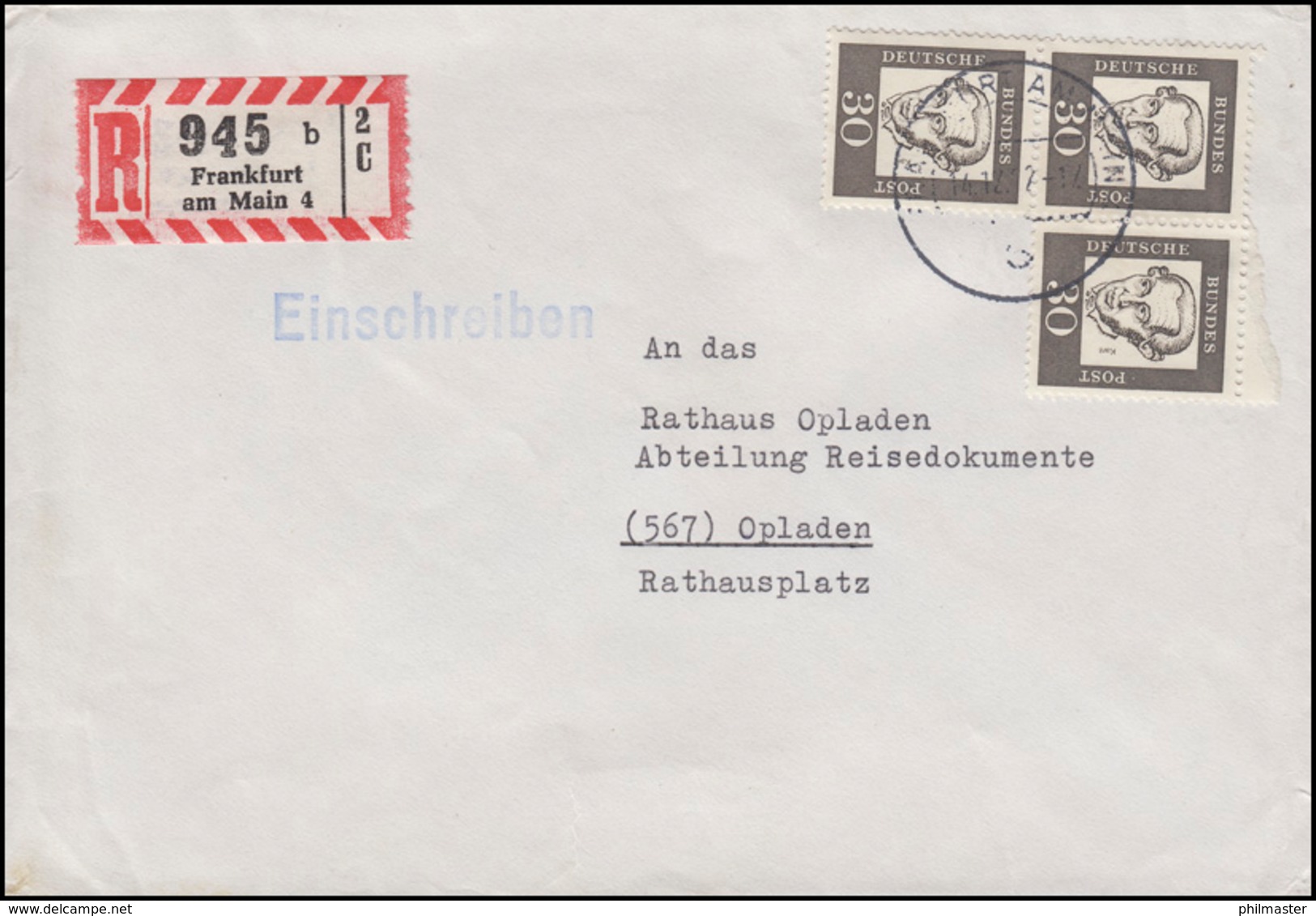 354y Kant 3x 30 Pf. Paar MeF R-Brief FRANKFURT / MAIN 14.12.62 Nach Opladen - Autres & Non Classés