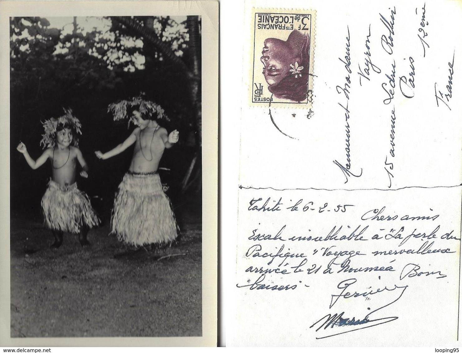 TAHITI-CARTE PHOTO-ENFANTS-DANSE-COSTUME-FOLKLORE-ETABLISSEMENT FRANCAIS DE L'OCEANIE-TIMBRE- - Tahiti