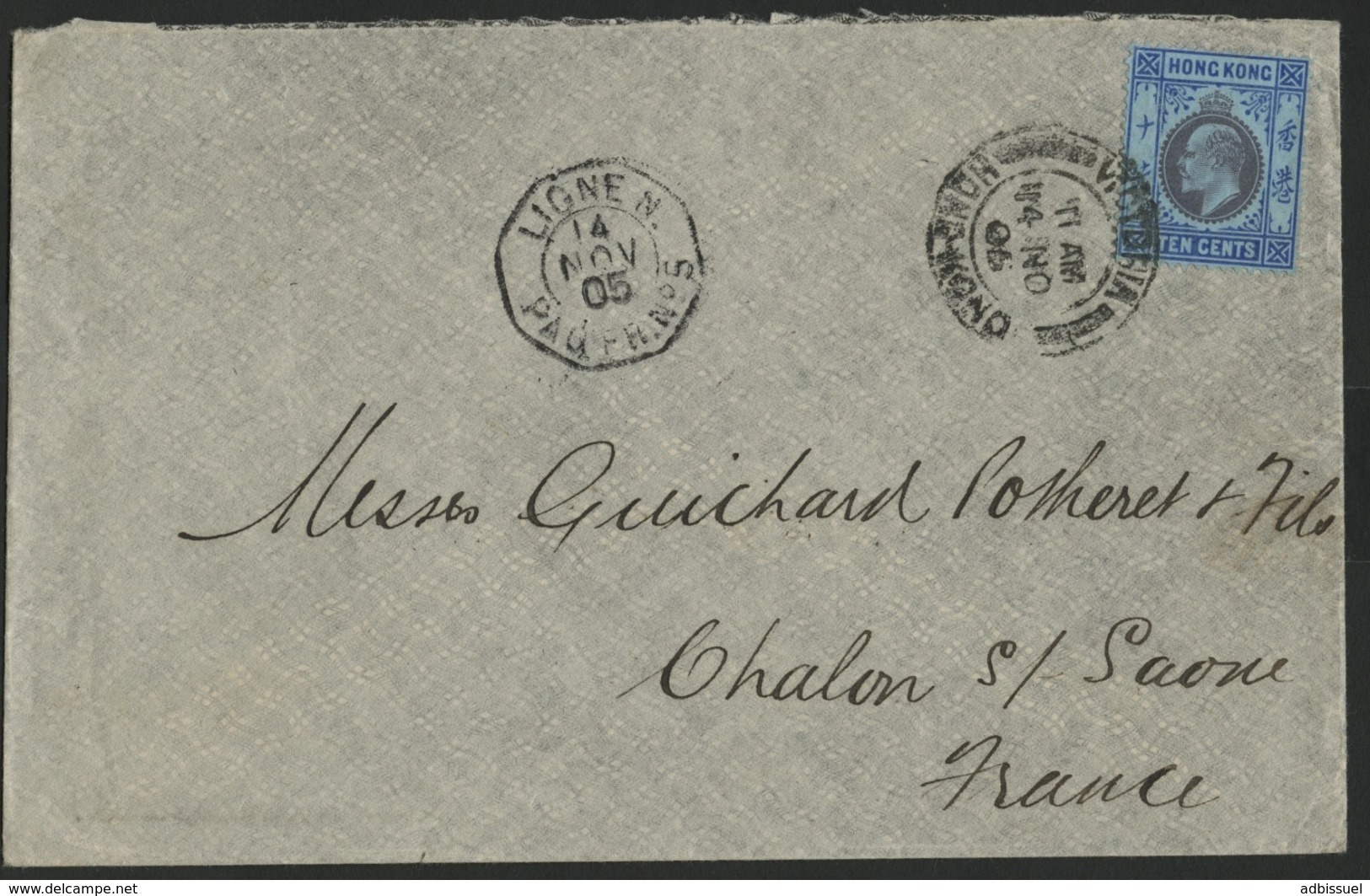 1905. N° 67 Edouard VII + Cancellation "VICTORIA HONG KONG 14/11/05" / Cover To France + Maritime Octagonal Cancellation - Lettres & Documents