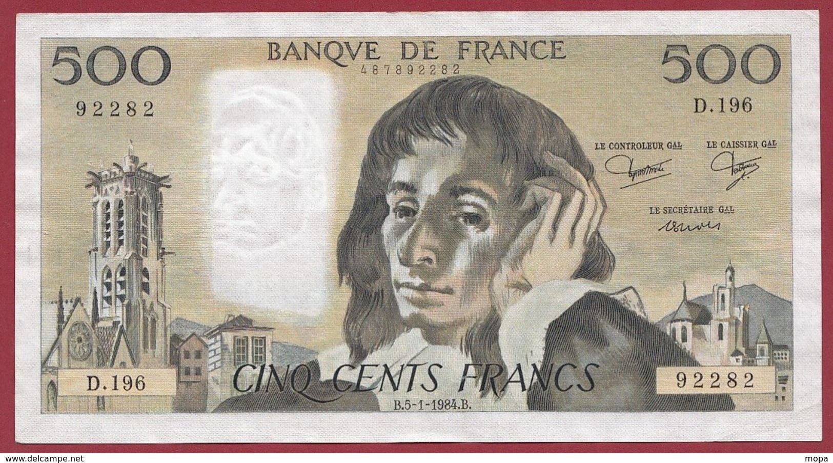 500 Francs "Pascal" Du 05/01/1984.B --XF/SUP+---ALPH D.196 - 500 F 1968-1993 ''Pascal''