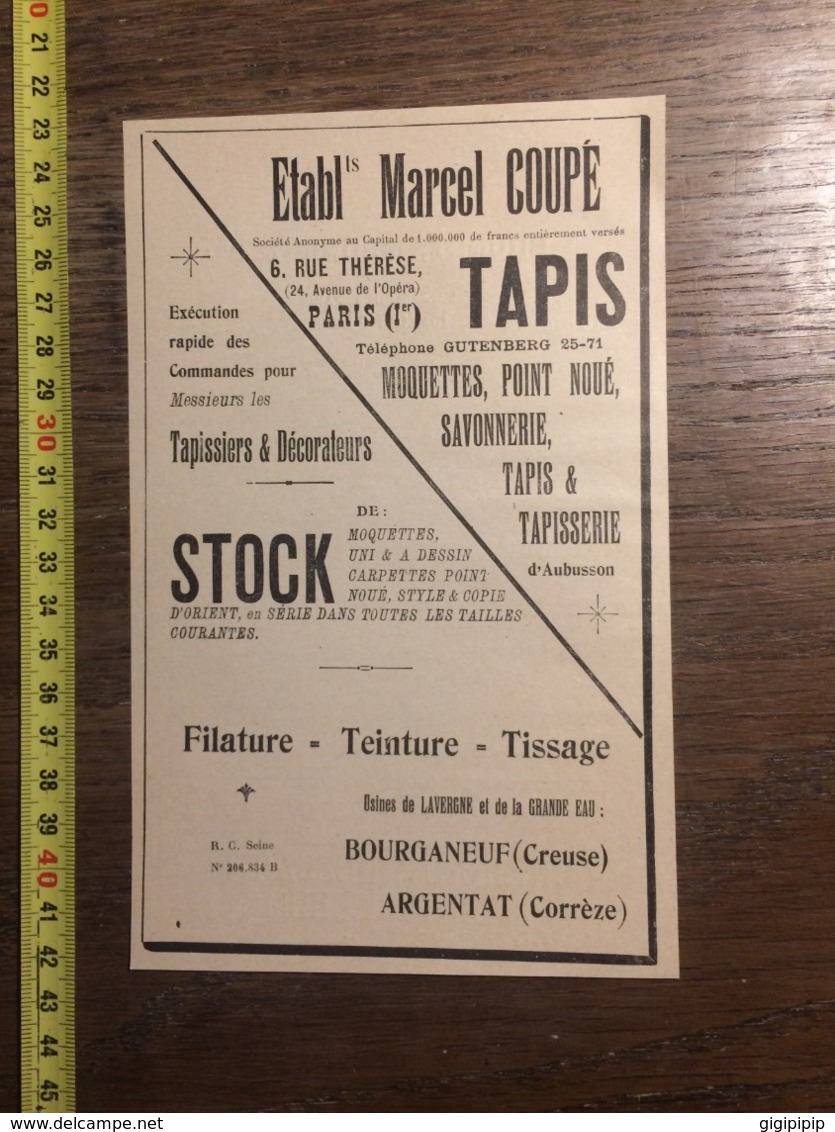 1924 PUBLICITE TAPIS MOQUETTE ETABLISSEMENTS MARCEL COUPE PARIS RUE THERESE BOURGANEUF LAVERGNE ARGENTAT - Collections