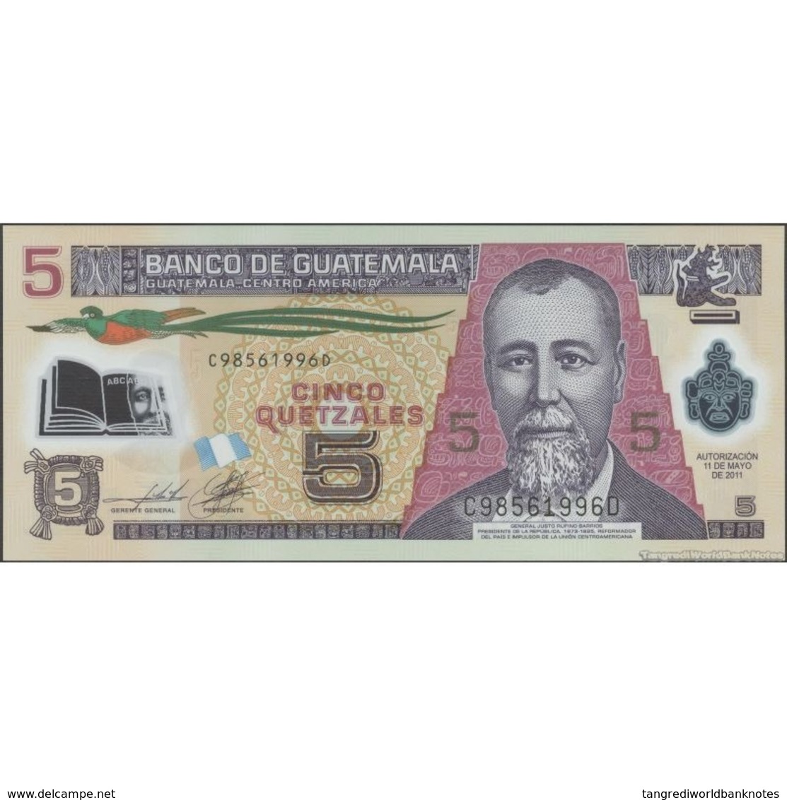 TWN - GUATEMALA 122b - 5 Quetzales 11.5.2011 Polymer - C XXXXXXXX D - Printer: CANADIAN BANK NOTE UNC - Guatemala