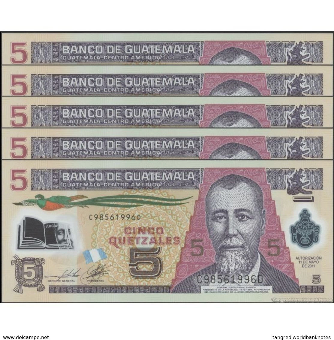 TWN - GUATEMALA 122b - 5 Quetzales 11.5.2011 Polymer - DEALERS LOT X 5 - C XXXXXXX D - Printer: CANADIAN BANK NOTE UNC - Guatemala