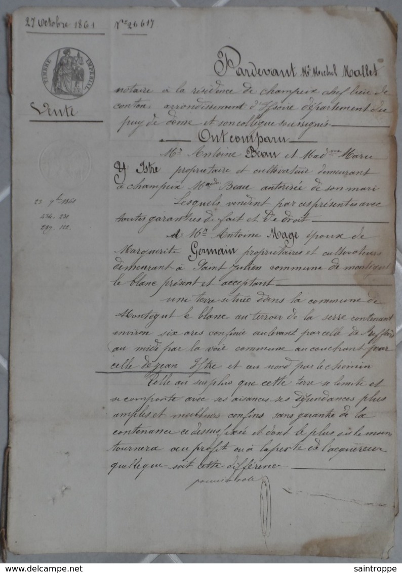 Manuscrit 1861.Antoine Beau à Champeix,vend à Antoine Mage à Montaigut-le-Blanc,une Pièce De Terre..... - Manuscripts