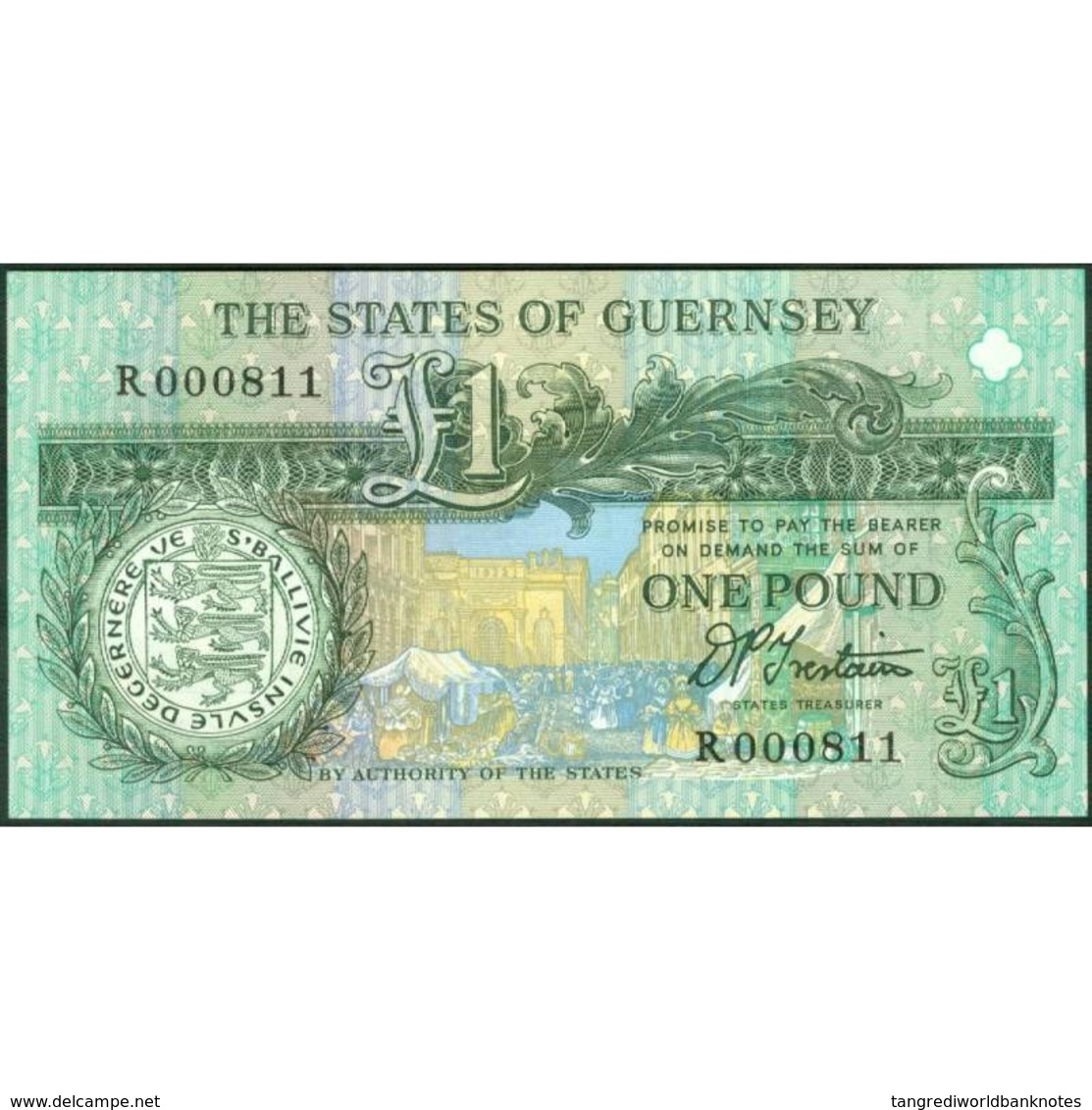 TWN - GUERNSEY 52b - 1 Pound 1996-2002 Low Serial 000XXX - Prefix R - Signature: Trestain UNC - Guernsey