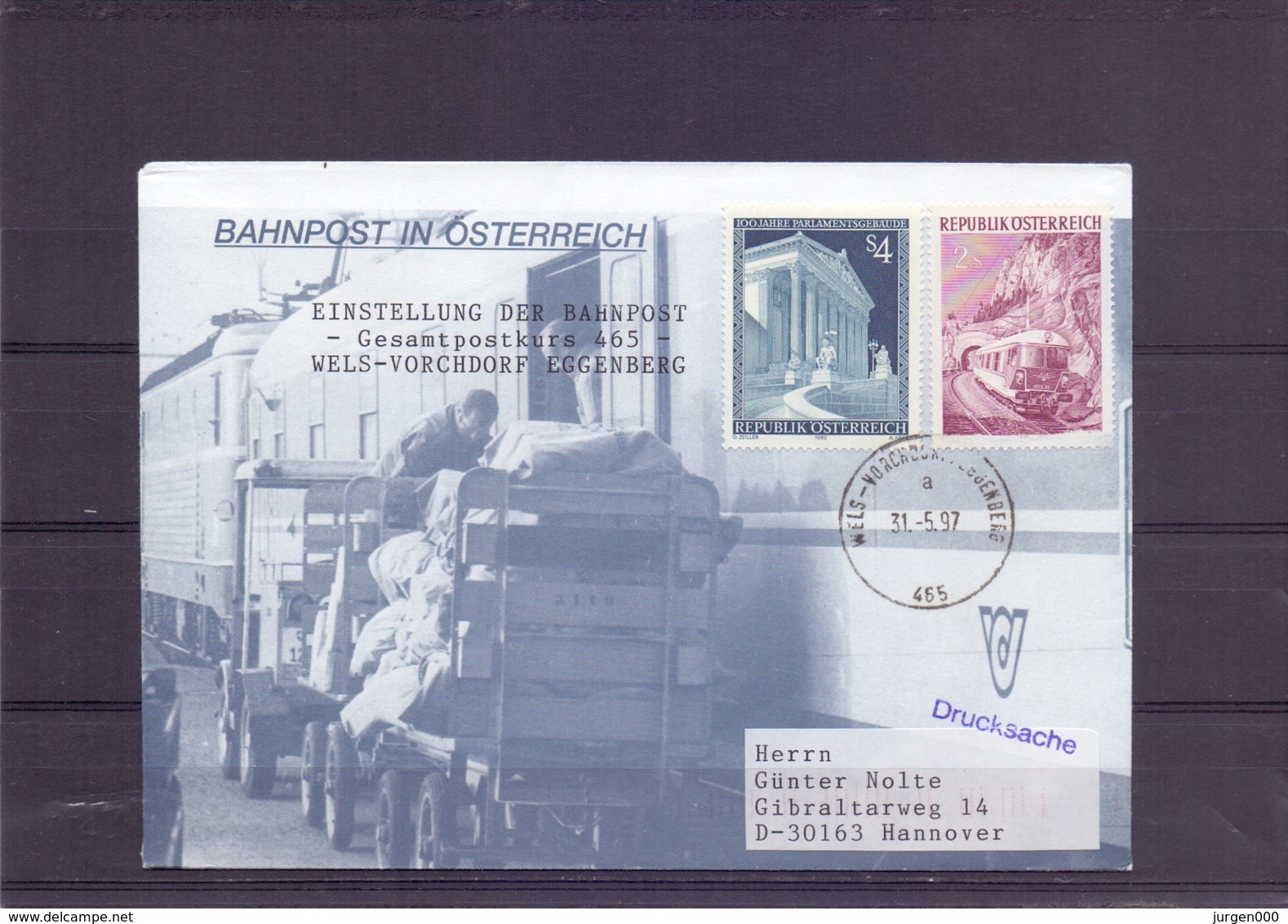 Rep. Österreich - Einstellung Der Bahnpost Gesamtpostkurs 465  Wels - Vorchdorf Eggenberg  31/5/97      (RM15406) - Trains