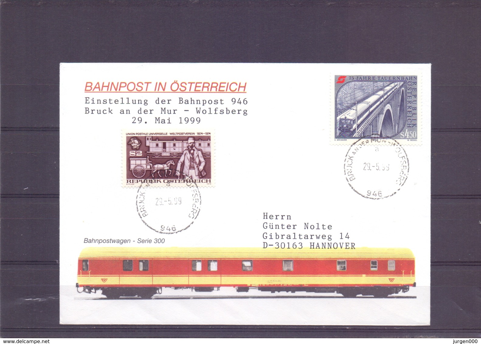 Rep. Österreich - Einstellung Bahnpost 946  Bruck An Der Mur -  Wolfsberg  - 29/5/1999   (RM15478) - Trains