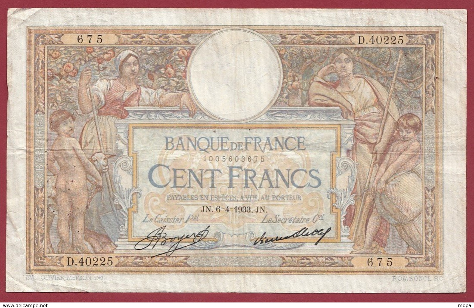 100 Francs "Luc Olivier Merson" Du 06/04/1933.JN---F/TTB+--ALPH .D.40225----(23) - 100 F 1908-1939 ''Luc Olivier Merson''