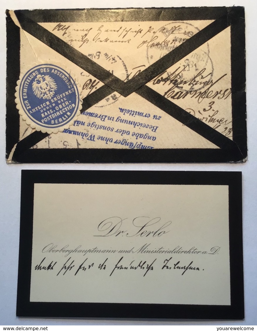 „AMTLICH ERÖFFNET BERLIN“ 1898 Retourmarke Brief>Bremen(Deutsches Reich Siegelmarke Mourning Cover DLO ALBERT SERLO - Briefe U. Dokumente