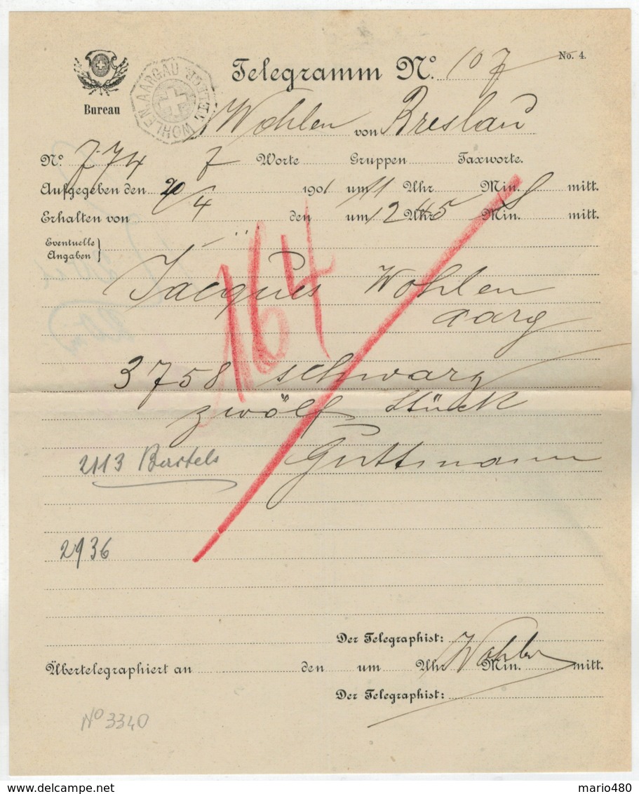 TELEGRAMMA    N°  107    1901      DA  WOHLEN  (ARGOVIA ) - Télégraphe