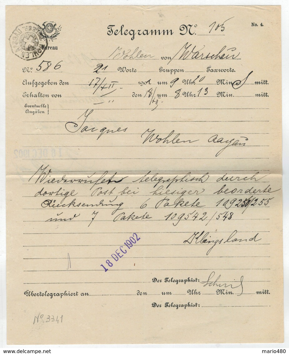 TELEGRAMMA    N°  105    1901      DA  WOHLEN  (ARGOVIA ) - Télégraphe