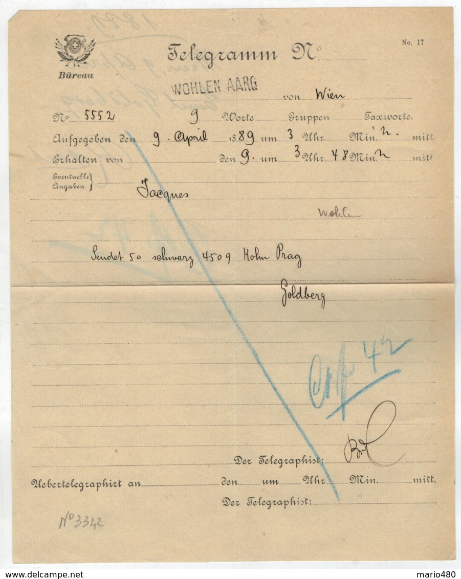 TELEGRAMMA    N°  5552    1889      DA  WOHLEN PER  WIEN   (ARGOVIA ) - Télégraphe