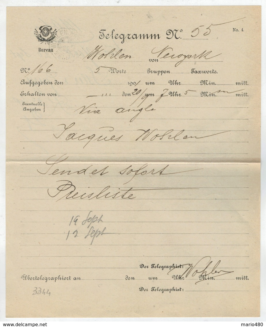 TELEGRAMMA    N°  55      1900    DA  WOHLEN PER    NEW  YORK - Télégraphe