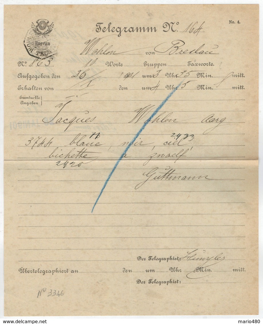 TELEGRAMMA    N°  164     1901    DA  WOHLEN PER  BRECLAU - Telegraph