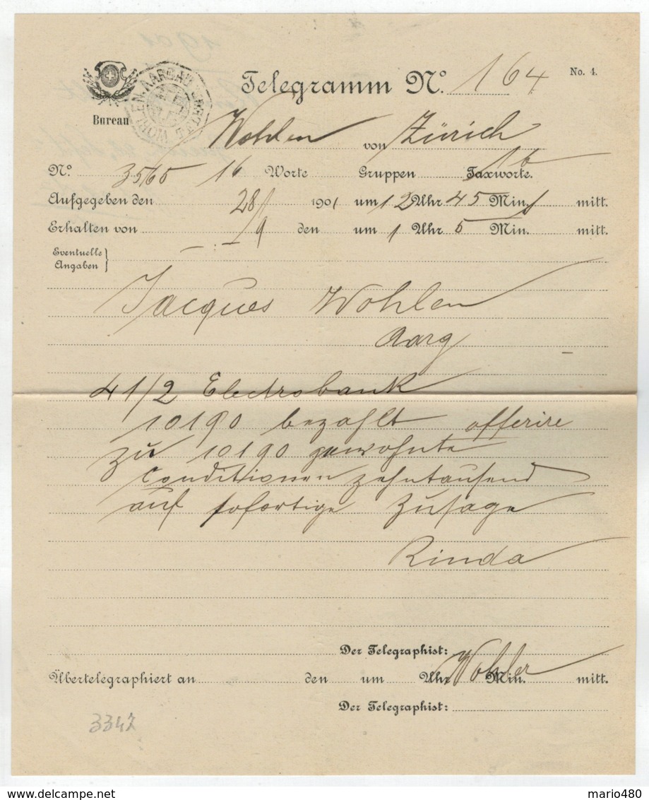 TELEGRAMMA    N°  164     1901    DA  WOHLEN PER  ZURICH - Télégraphe