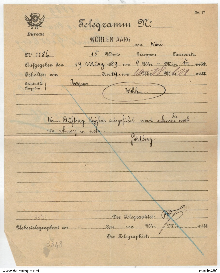 TELEGRAMMA    N°  164     1889    DA  WOHLEN PER  WIEN - Télégraphe