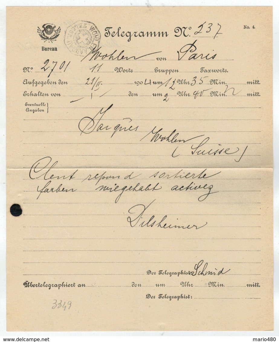 TELEGRAMMA    N°  237     1904    DA  WOHLEN PER  PARIS - Télégraphe