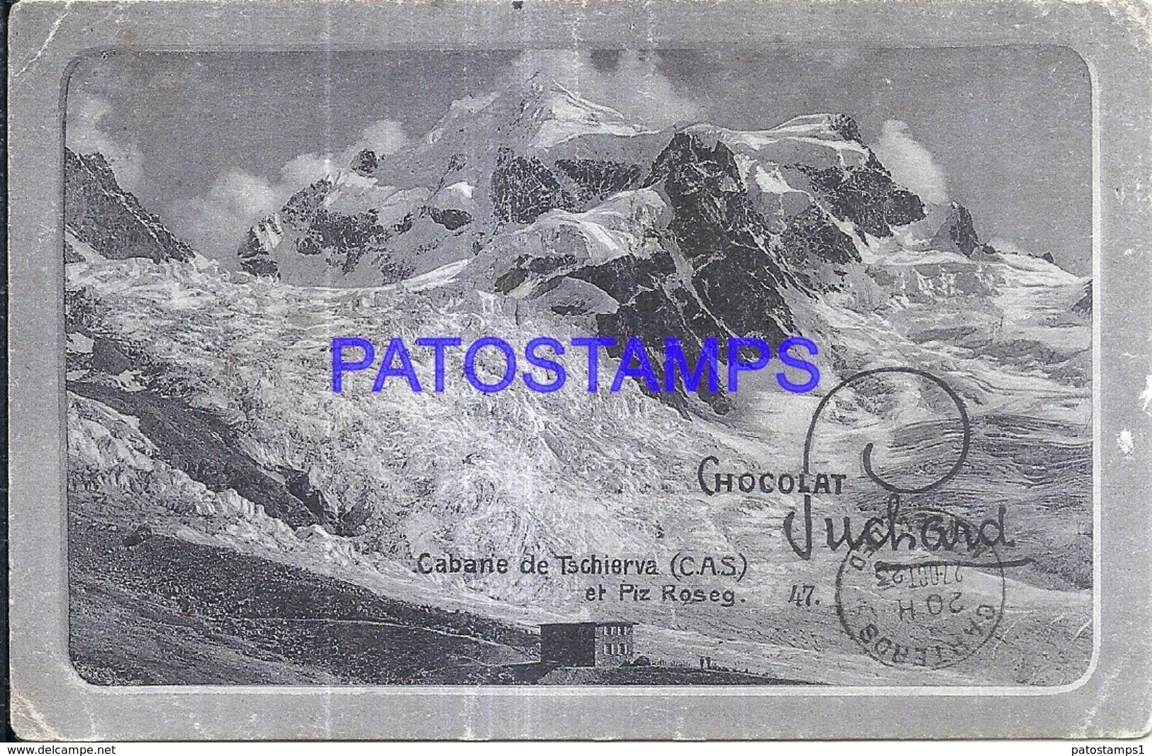 120579 SWITZERLAND TSCHIERVA CABANE & PUBLICITY CHOCOLAT SUCHARD BREAK CIRCULATED TO URUGUAY POSTAL POSTCARD - Tschierv