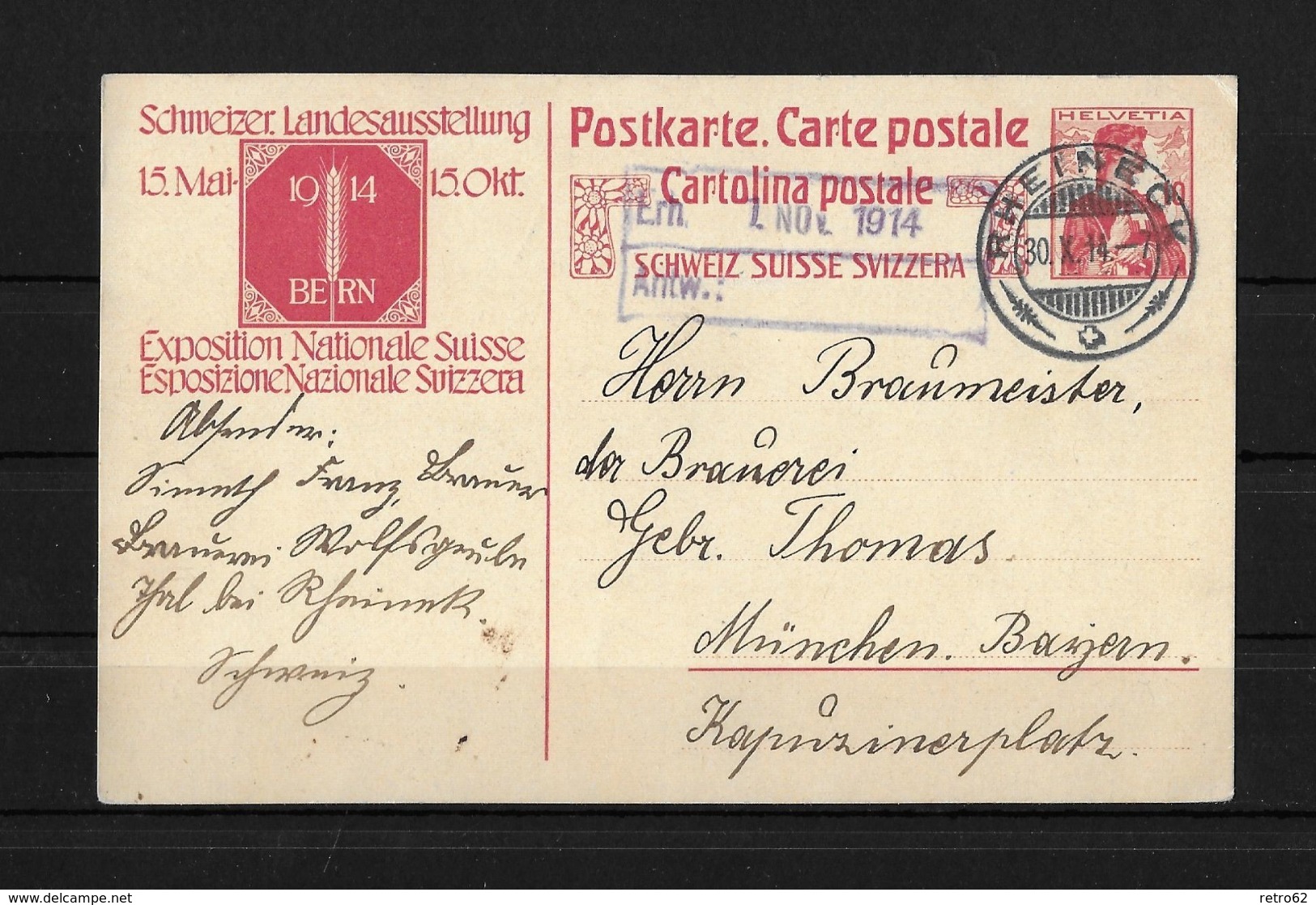 1914 HEIMAT ST.GALLEN → Schw.Landesausstellung Bern, Rheineck Nach München - Stamped Stationery