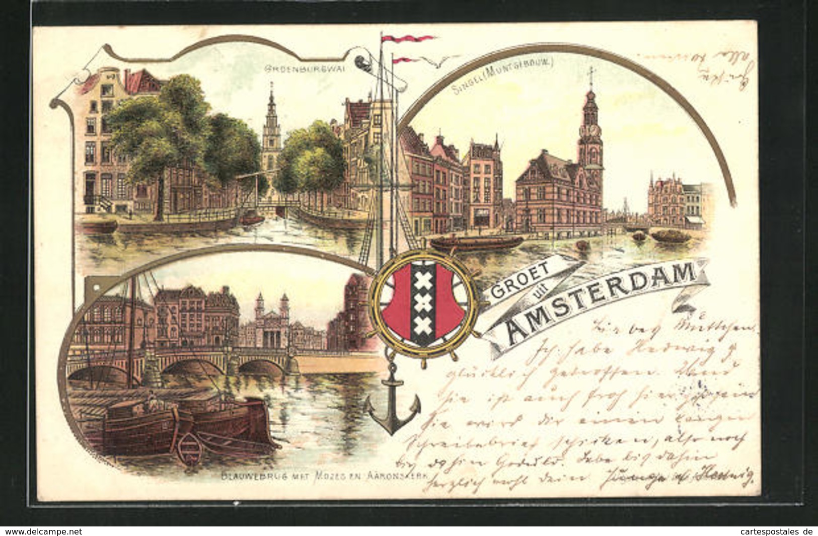Lithographie Amsterdam, Droenburgwal, Singel Muntgebouw, Blauwebrug Met Mozes En Aäronskerk - Amsterdam