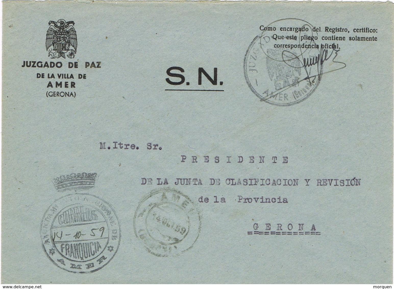 34035. Carta S.N. Franquicia Ayuntamiento AMER (Gerona) 1959. Marca Circular Juzgado - Cartas & Documentos