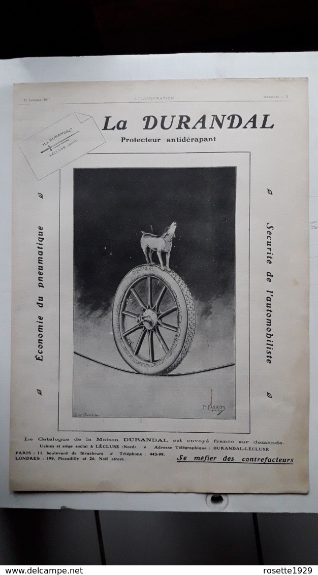 Ancienne Pub Pneu Antidérapants Durandal Usine Et Siéges Lecluse Nord,illustrée Par P.Carron,grand Format - Publicités