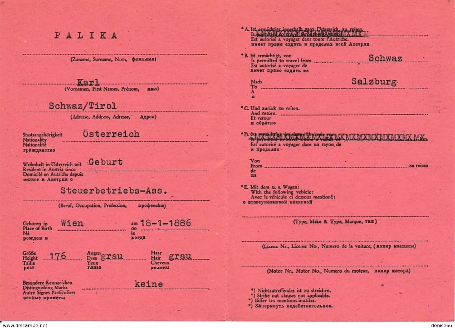 1946 LAISSEZ-PASSER ALLIE Gouvernement Militaire De SCHWAZ (Tyrol) - Quadrilingue - Documents Historiques