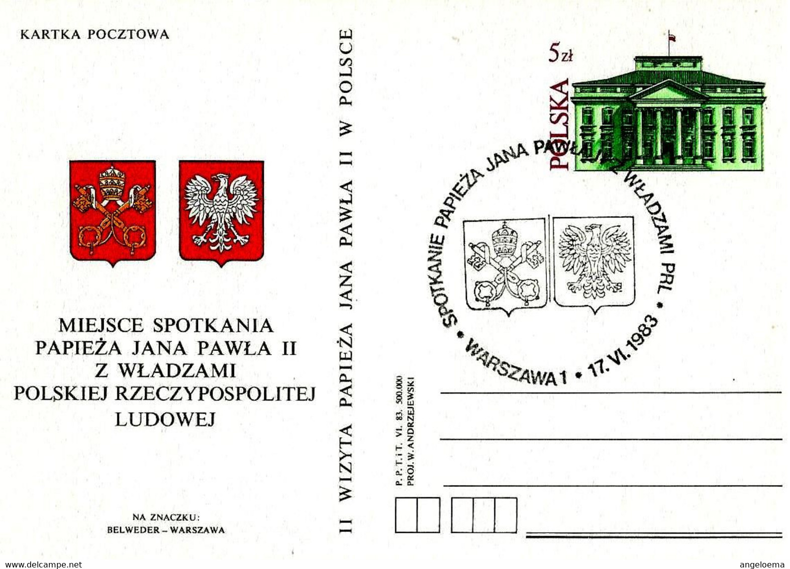 POLONIA POLSKA - 1983 Pope Papa GIOVANNI PAOLO II Visita Warszawa (stemma Vaticano E Polacco) Su Cartolina Postale -2744 - Covers