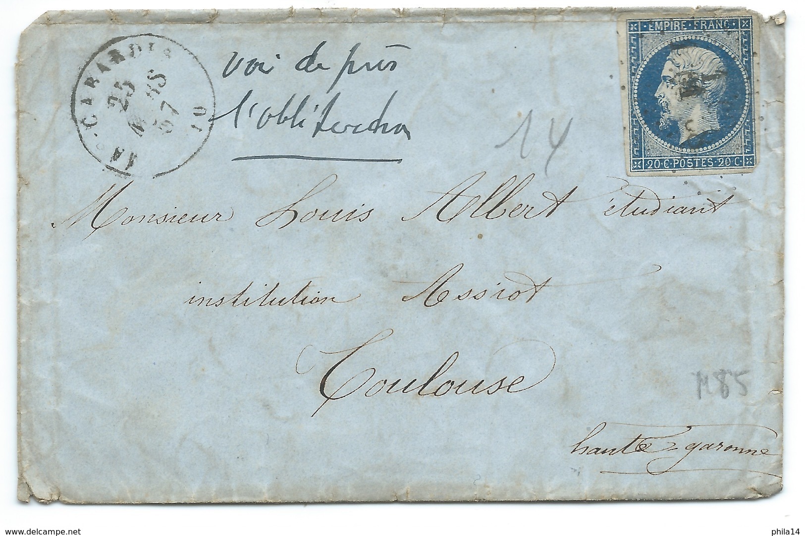 N° 14 BLEU NAPOLEON SUR LETTRE  / MAS CABARDES POUR TOULOUSE / 25 MARS 1857 - 1849-1876: Période Classique