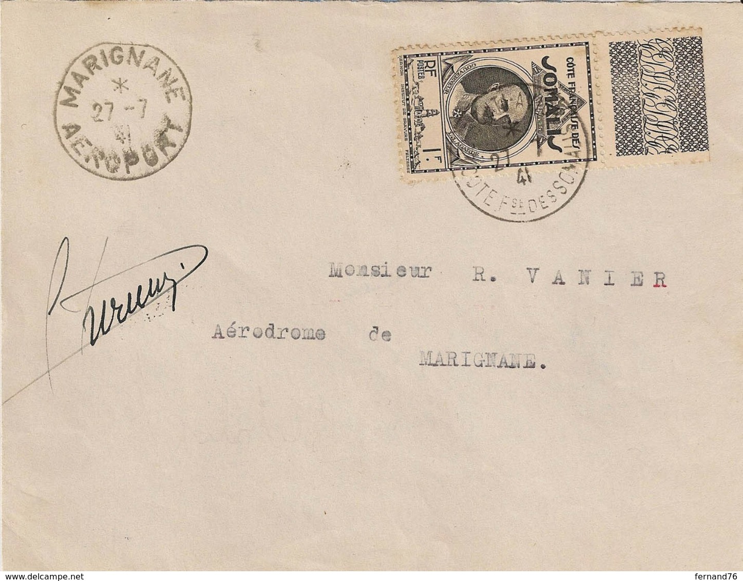 Liaison Djibouti-France Le 27/07/1941 Arrivée à Marignane Le 27/07/1941 - Signé Du Pilote Durmon - Sup +++ - Lettres & Documents