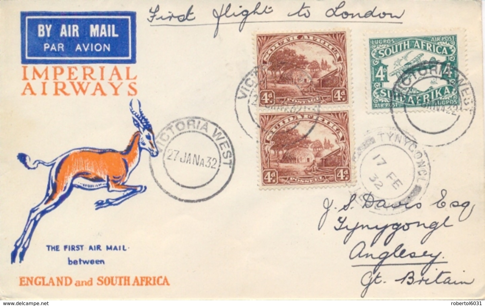 South Africa 1932 First Flight To London Airmail Cover From Victoria West With 2 X 4 D. + 4 D. Airmail Stamp - Airmail