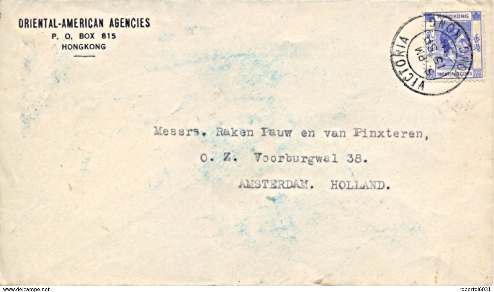 Hong Kong 1938 Commercial Cover To Netherlands With 25 C. George VI - Brieven En Documenten