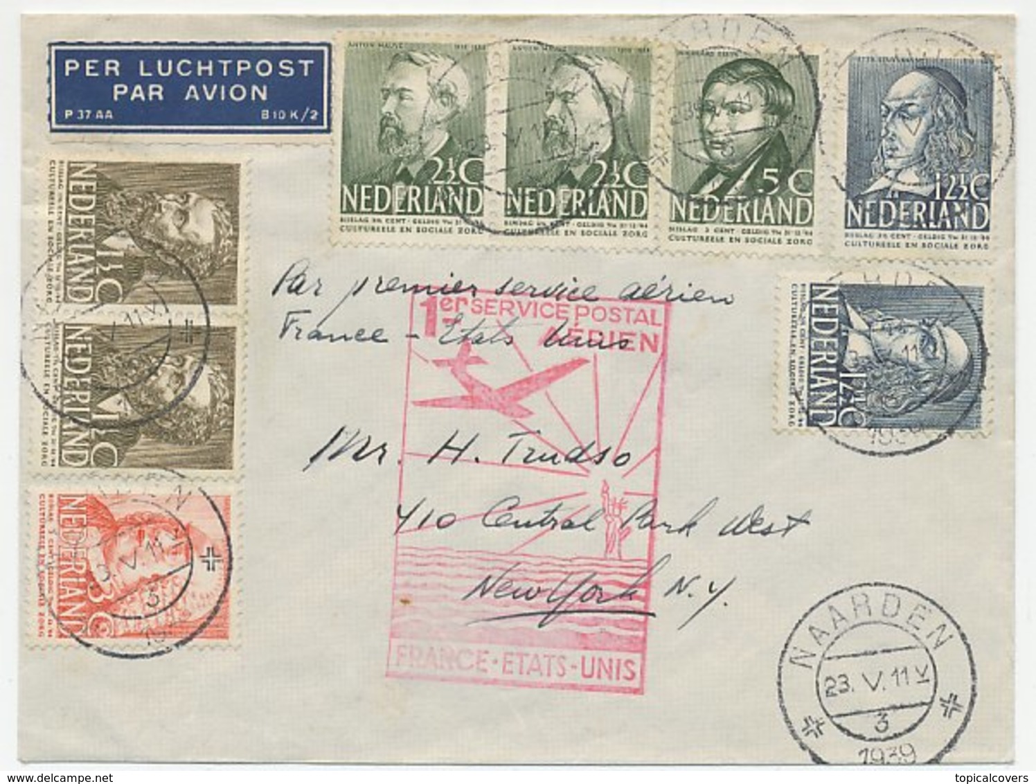 FFC / First Flight Cover Netherlands - France - USA 1939 Lady Liberty - Scultura