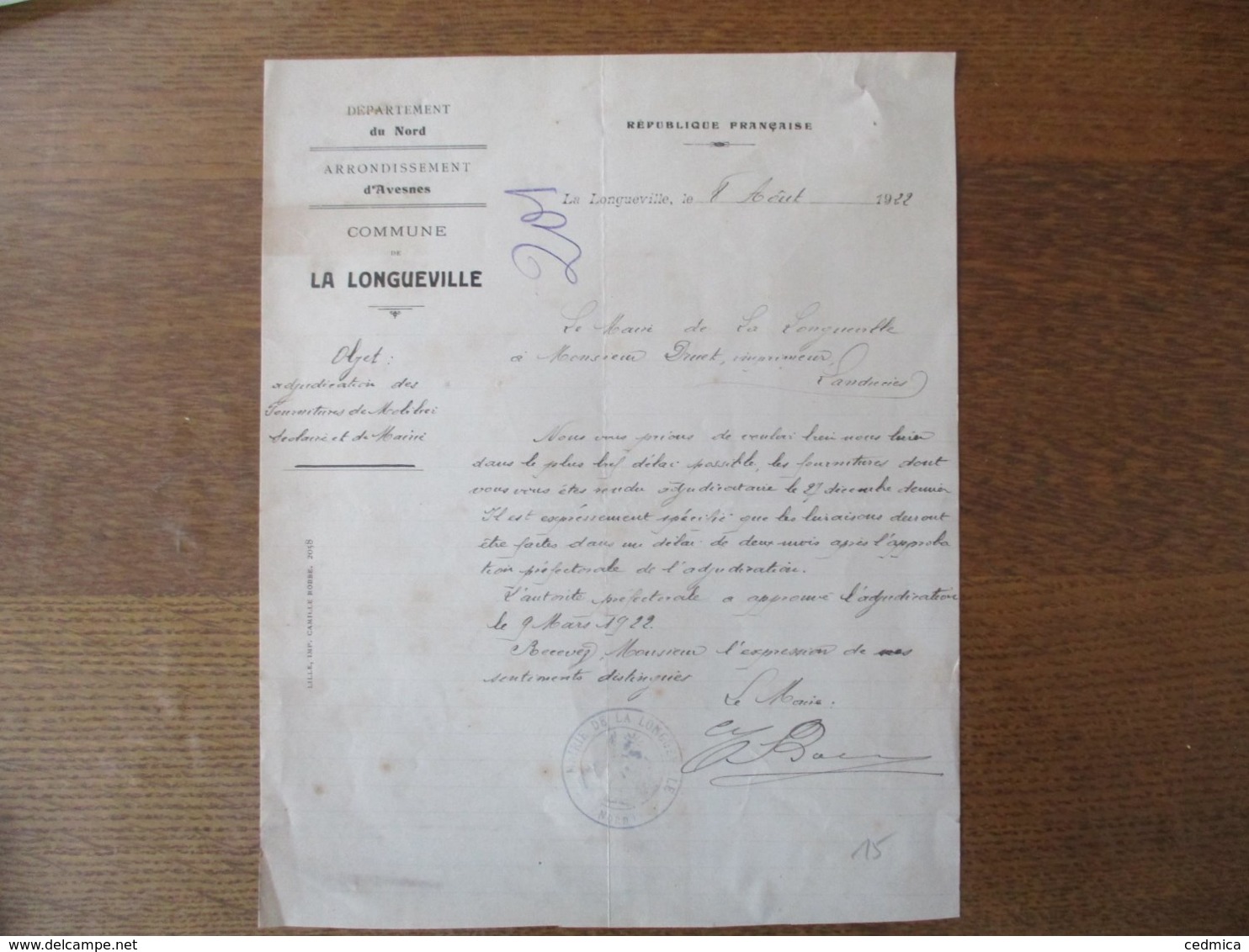 LA LONGUEVILLE DEPARTEMENT DU NORD ARRONDISSEMENT D'AVESNES COURRIER LE MAIRE DU 8 AOÛT 1922 - Historische Dokumente