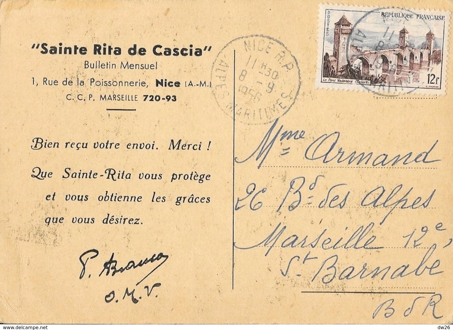 Ste Sainte Rita De Cascia - Adhésion Bulletin Mensuel Nice 1956 - Santi