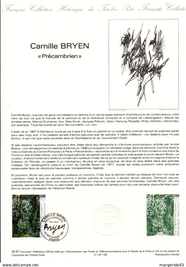 DOCUMENT FDC 1987 PEINTURE DE CAMILLE BRYEN - Documents De La Poste
