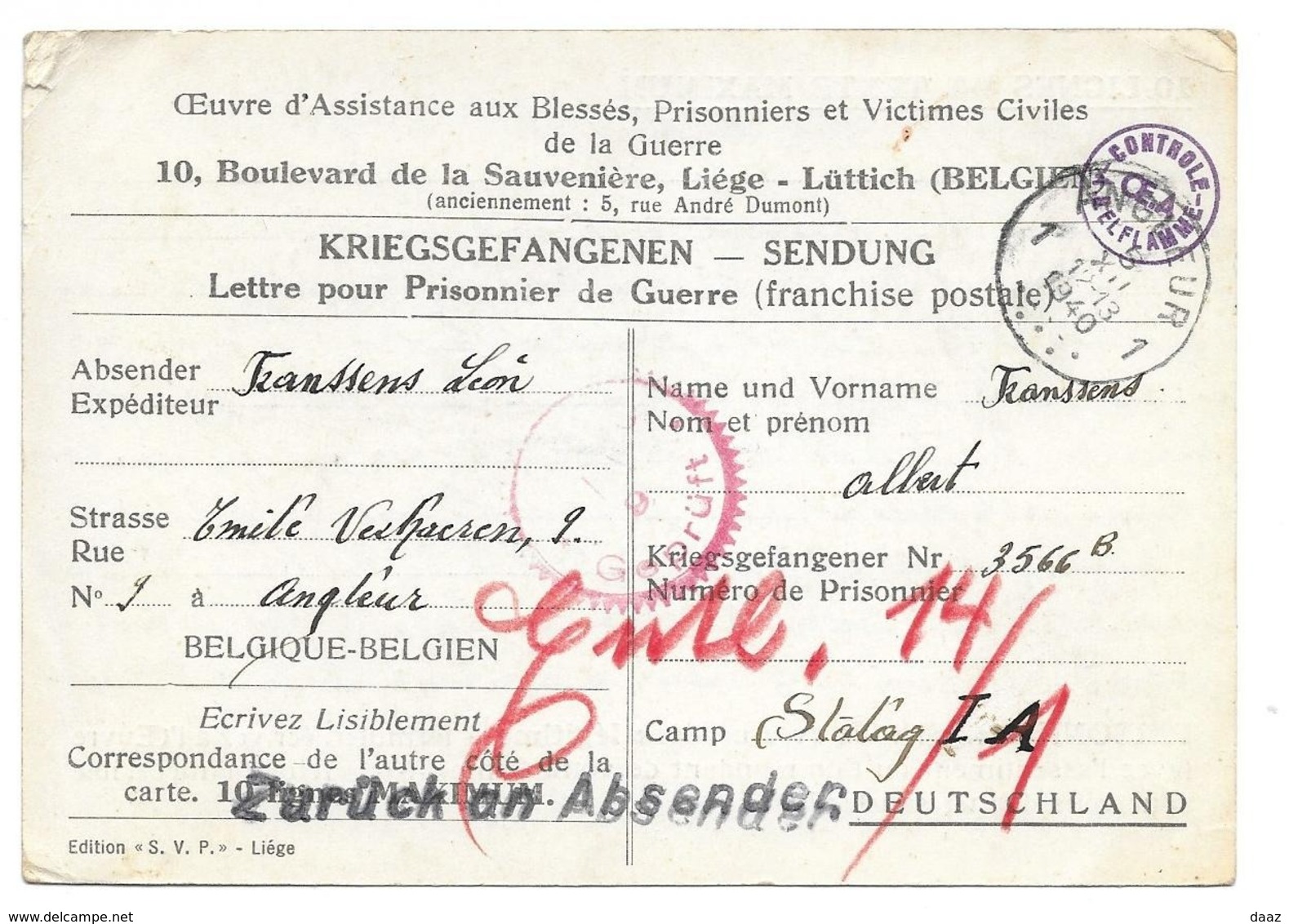 Lettre Pour Prisonnier De Guerre Censure  Angleur (Liège)  Vers Stalag I A  04.12.1940 - Guerre 40-45 (Lettres & Documents)