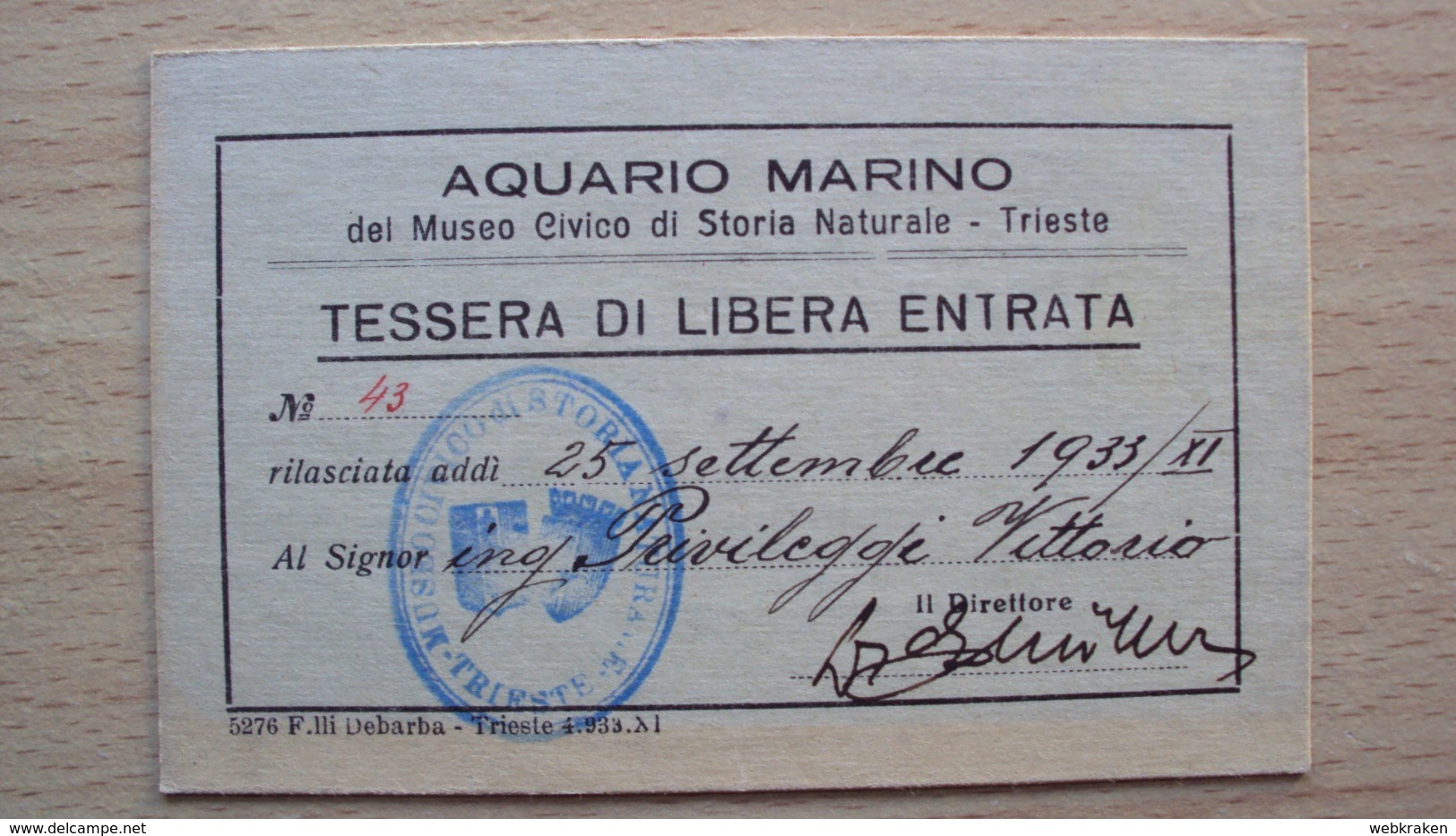 TESSERA DEL MUSEO CIVICO DI STORIA NATURALE ACQUARIO MARINO DI TRIESTE 1933 - Ohne Zuordnung