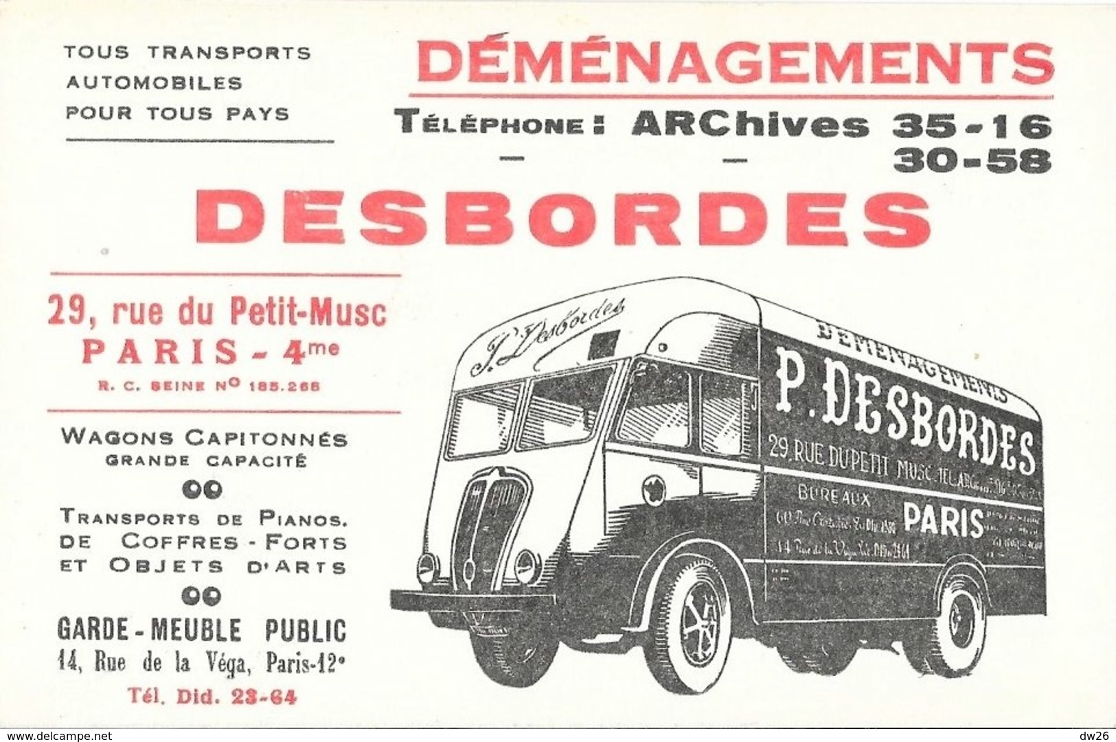 Carte De Visite Publicitaire: Déménagements Garde-meubles P. Desbordes, Rue Du Petit-Musc, Paris - Cartes De Visite