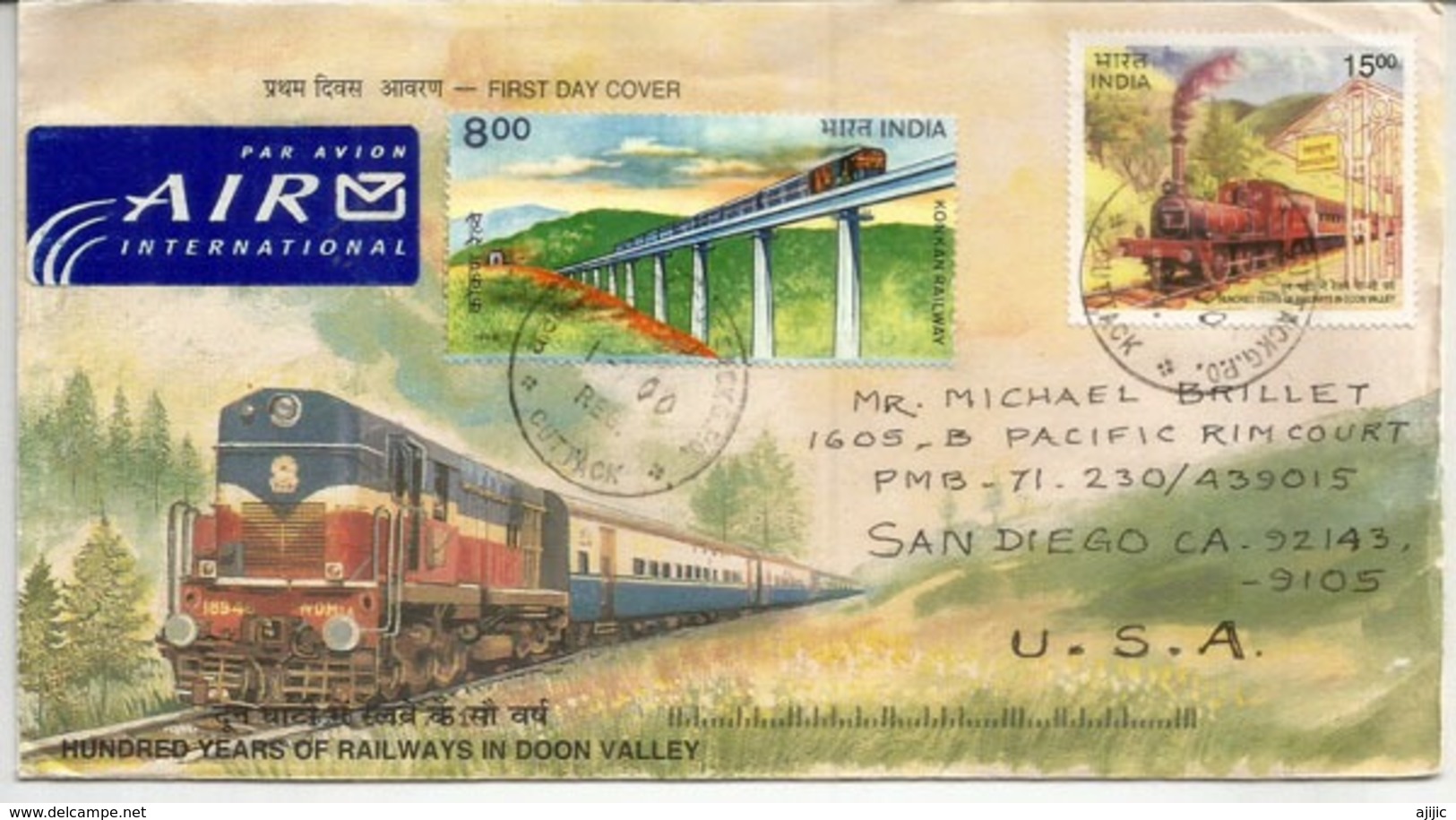 INDIA. Doon Valley Railways Railroad Train & Konkan Railway.Special Cover From State Of Odisha, Sent To USA - Trains